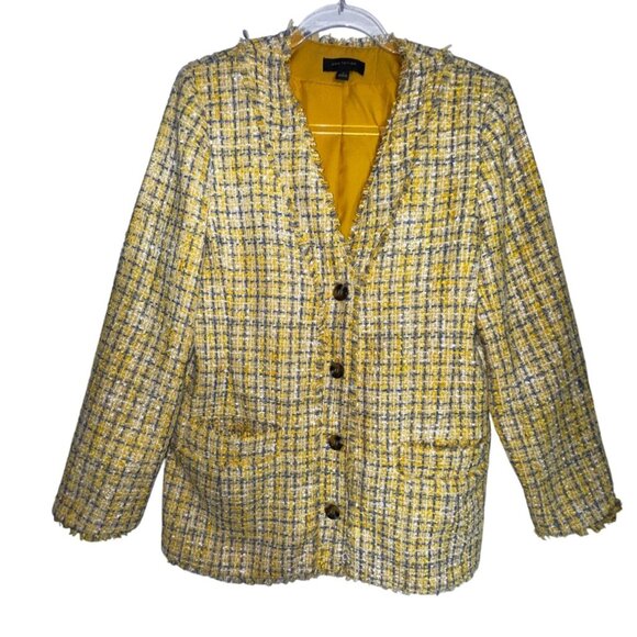 Ann Taylor Yellow & Blue Tweed Jacket Size 10 Classic Blazer Fringe Church Work - Picture 1 of 7
